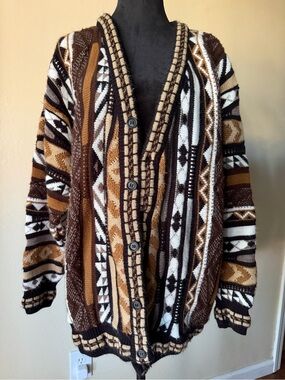 90s vintage 3D knit sweater cardigan men’s XL Alan Stuart neutral